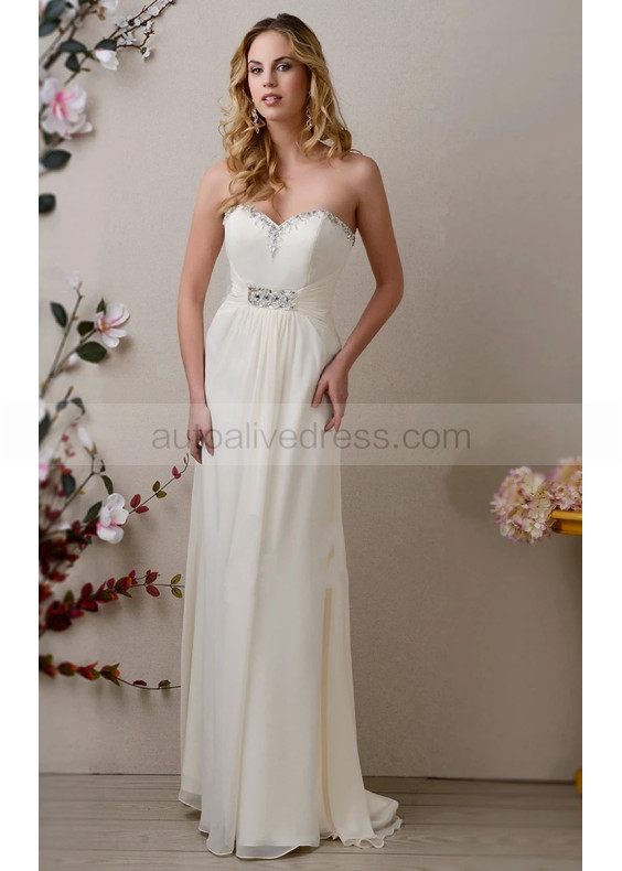 Strapless Sweetheart Neck Beaded Ruched Waist Chiffon Prom Dress